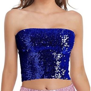 Womens Sparkly Sequin Mermaid Crop Tops Royal Blue